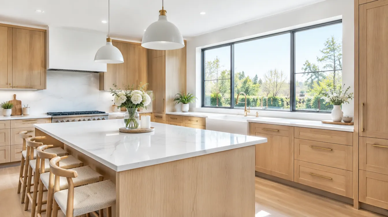 Bright, spotless modern kitchen with white counters and fresh flowers