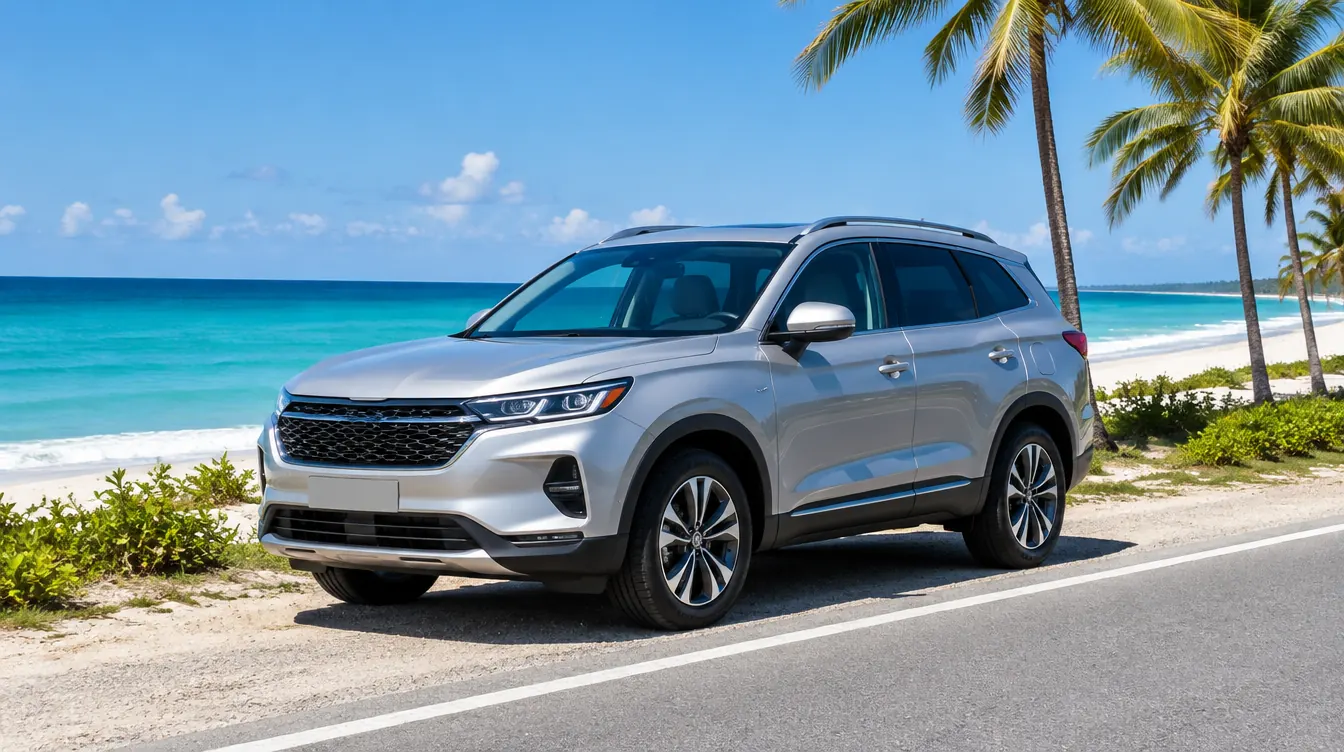 Silver SUV parked on a coastal road beside turquoise water