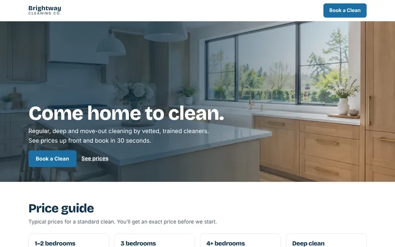 Brightway Cleaning concept homepage showing a spotless modern kitchen