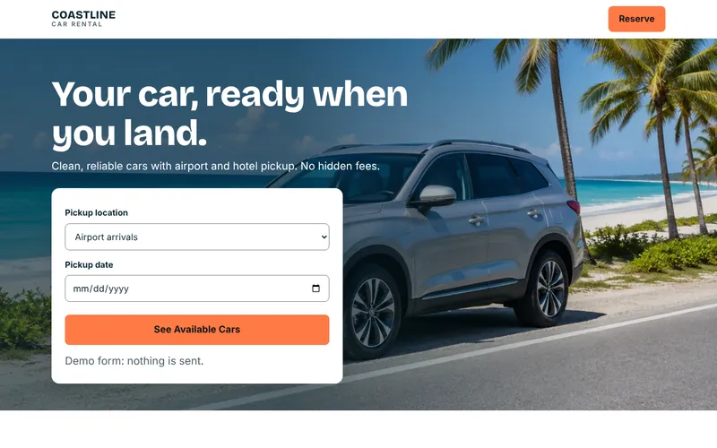 Coastline Car Rental concept homepage showing an SUV on a coastal road