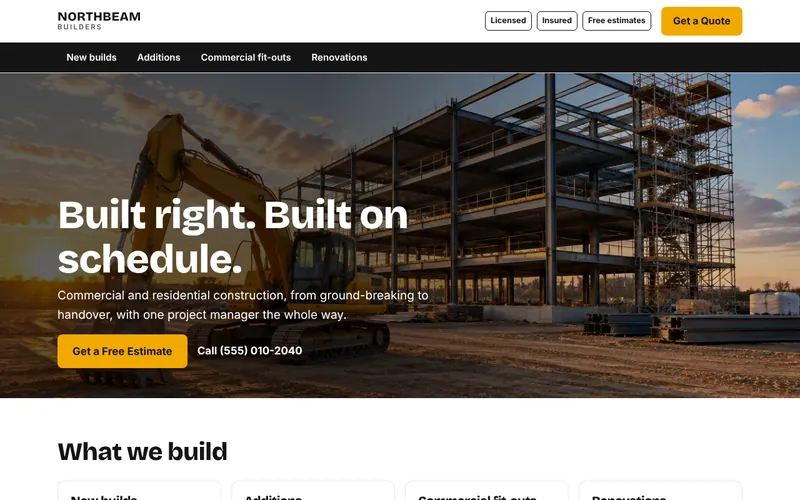 Northbeam Builders concept homepage showing a construction site at golden hour