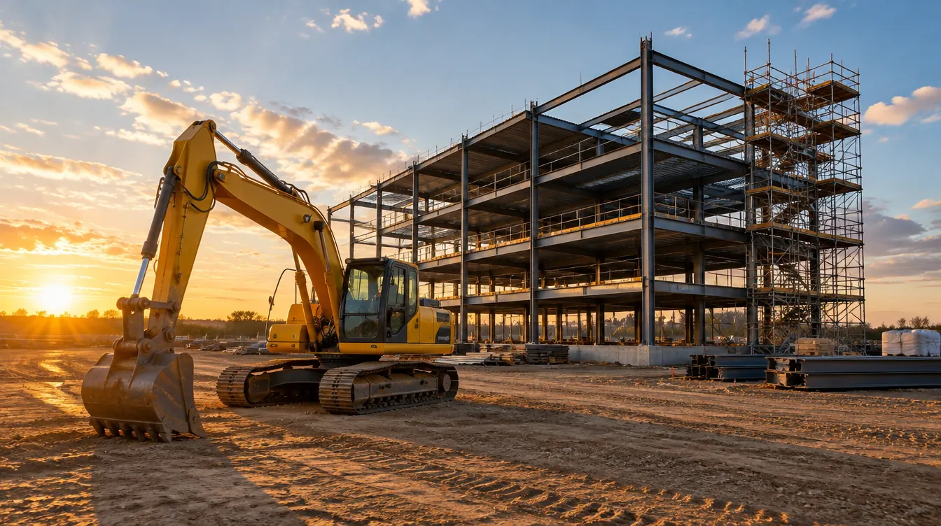 Construction site at golden hour with an excavator and a rising steel frame